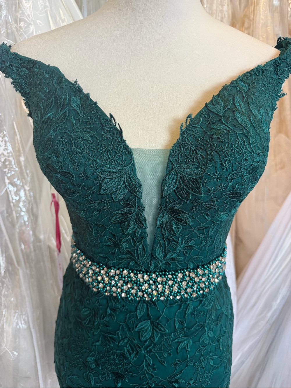 JVN Emerald Lace Off-Shoulder Dress with Beaded Waist - Picture 4 of 11